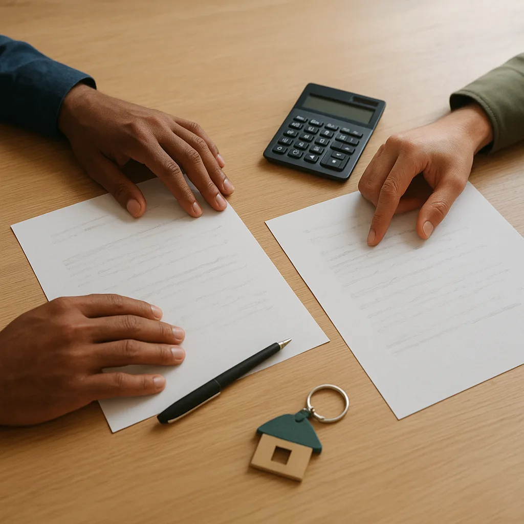 Duas pessoas, só as mãos, conferindo papéis lado a lado numa mesa de madeira, com calculadora e chaveiro de casinha