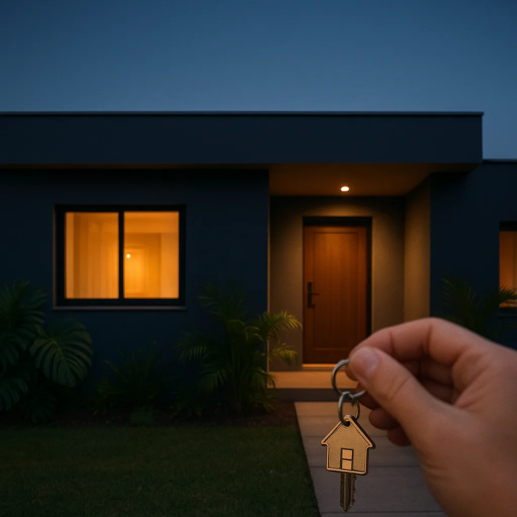 Casa térrea moderna ao entardecer, com as janelas acesas, e uma mão segurando um chaveiro em forma de casinha